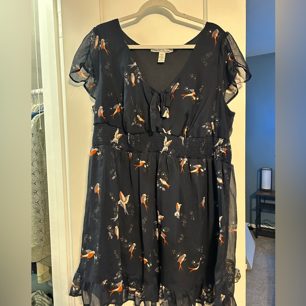 Charming Navy Blue Dress with Bird Print